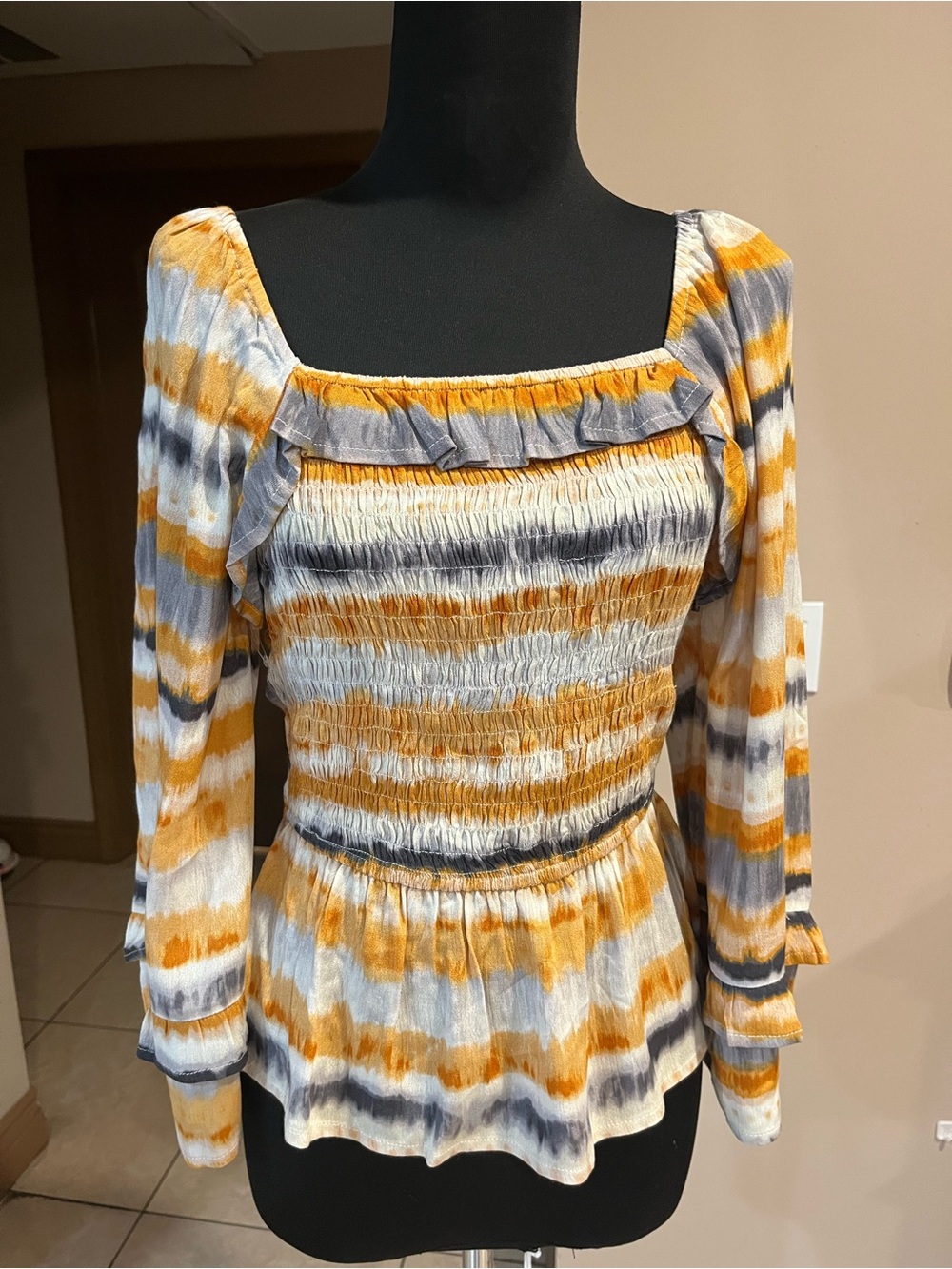 Savanna Jane Mustard, Gray & White Smocked Peplum Top